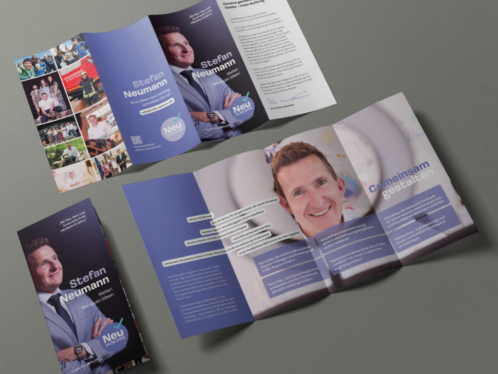 Eine Wahlkampfbroschüre mit einem lächelnden Mann, Stefan Neumann, sowie Texten, Fotos von Menschen und Abschnitten mit Informationen zu seiner Kandidatur auf Deutsch.