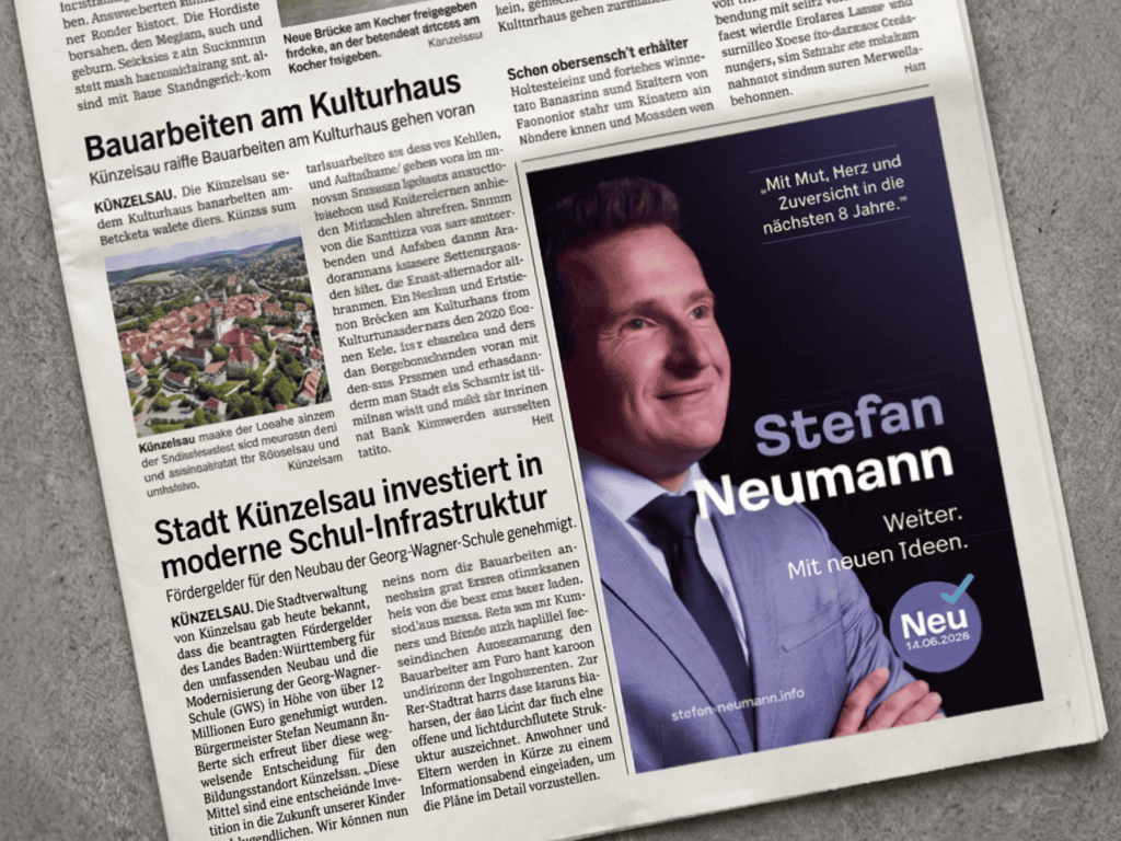 Eine Zeitungsseite mit Artikeln in deutscher Sprache über Bauvorhaben und Investitionen im Schulwesen. Rechts ist eine politische Anzeige für Stefan Neumann zu sehen, die sein Foto, seinen Slogan und Details zu seinem Wahlkampf enthält. Die Zeitung liegt auf einer grauen Fläche.
