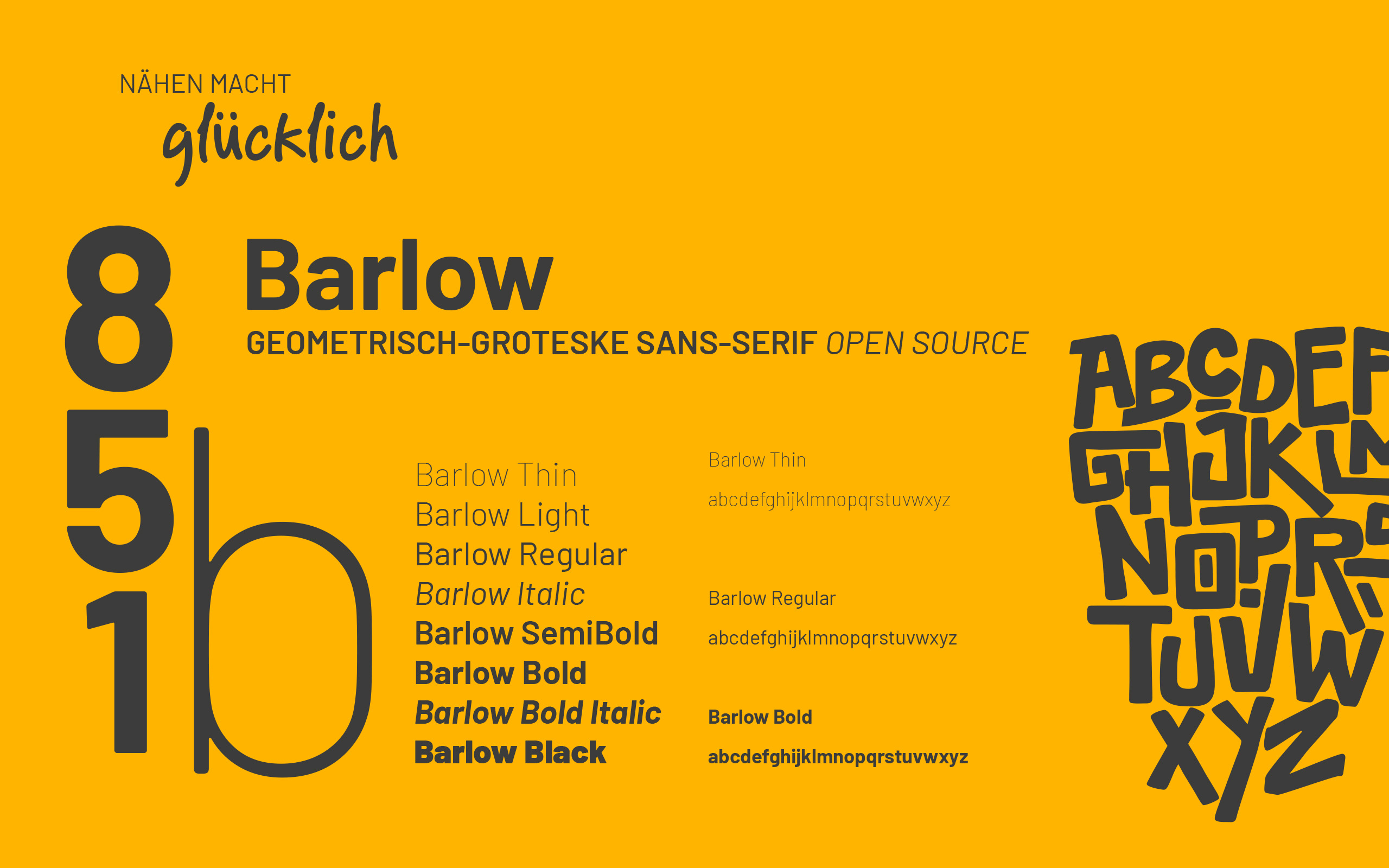 Eine leuchtend gelbe Grafik, die die Schriftfamilie „Barlow“ zeigt, mit großen Zahlen, Beispieltexten sowie verschiedenen Schriftstärken und -stilen. Handschriftliche und geometrische serifenlose Schriften werden neben Beispielen für Großbuchstaben dargestellt.