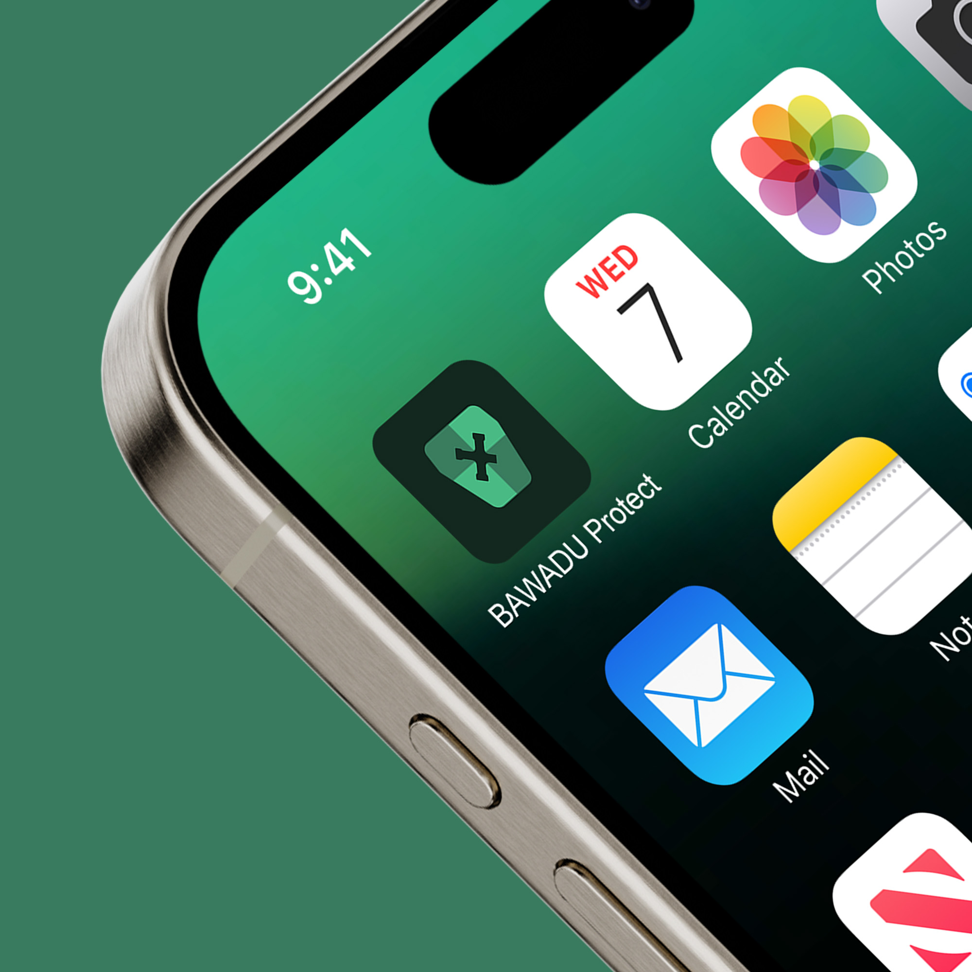 Eine Nahaufnahme eines Smartphone-Bildschirms zeigt mehrere App-Symbole, darunter „Kalender“, „Fotos“, „BAVADU Protect“, „E-Mail“ und „Notizen“, vor einem grünen Hintergrund. Die angezeigte Uhrzeit ist 9:41 Uhr.